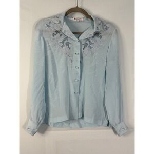 Peony Brand Silk Blouse Womens 36 Blue Good Hand Embroidered Vintage Cutout Top